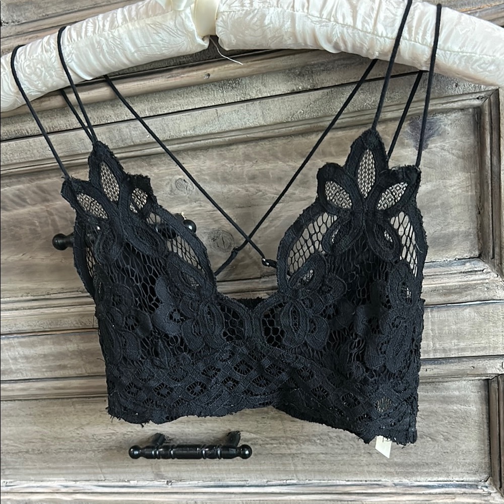 Free People Black Lace Bralette with Crisscross Detail Size S